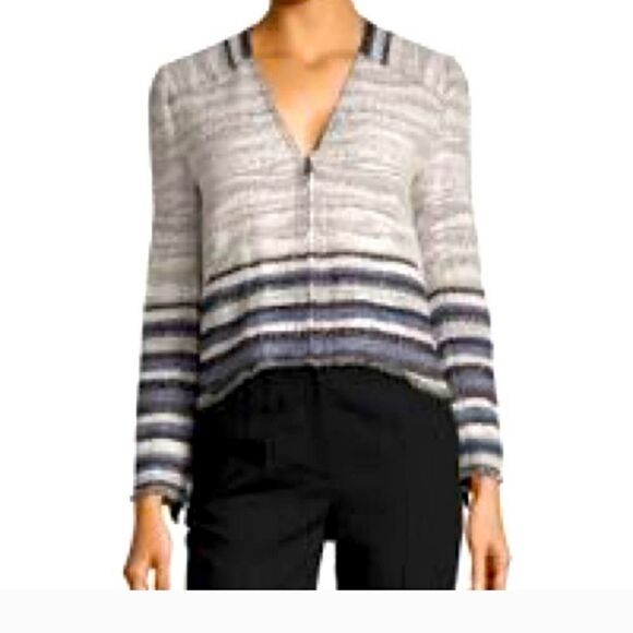 Derek Lam 10 Crosby White Blue Black Tweed Fringed V-neck Jacket Sz 4 NWT